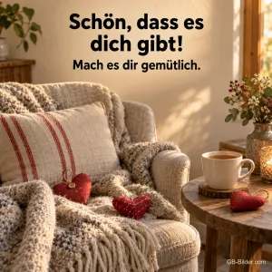 Gemütlicher Sessel mit Stoffherzen, Text: Schön, dass es dich gibt!