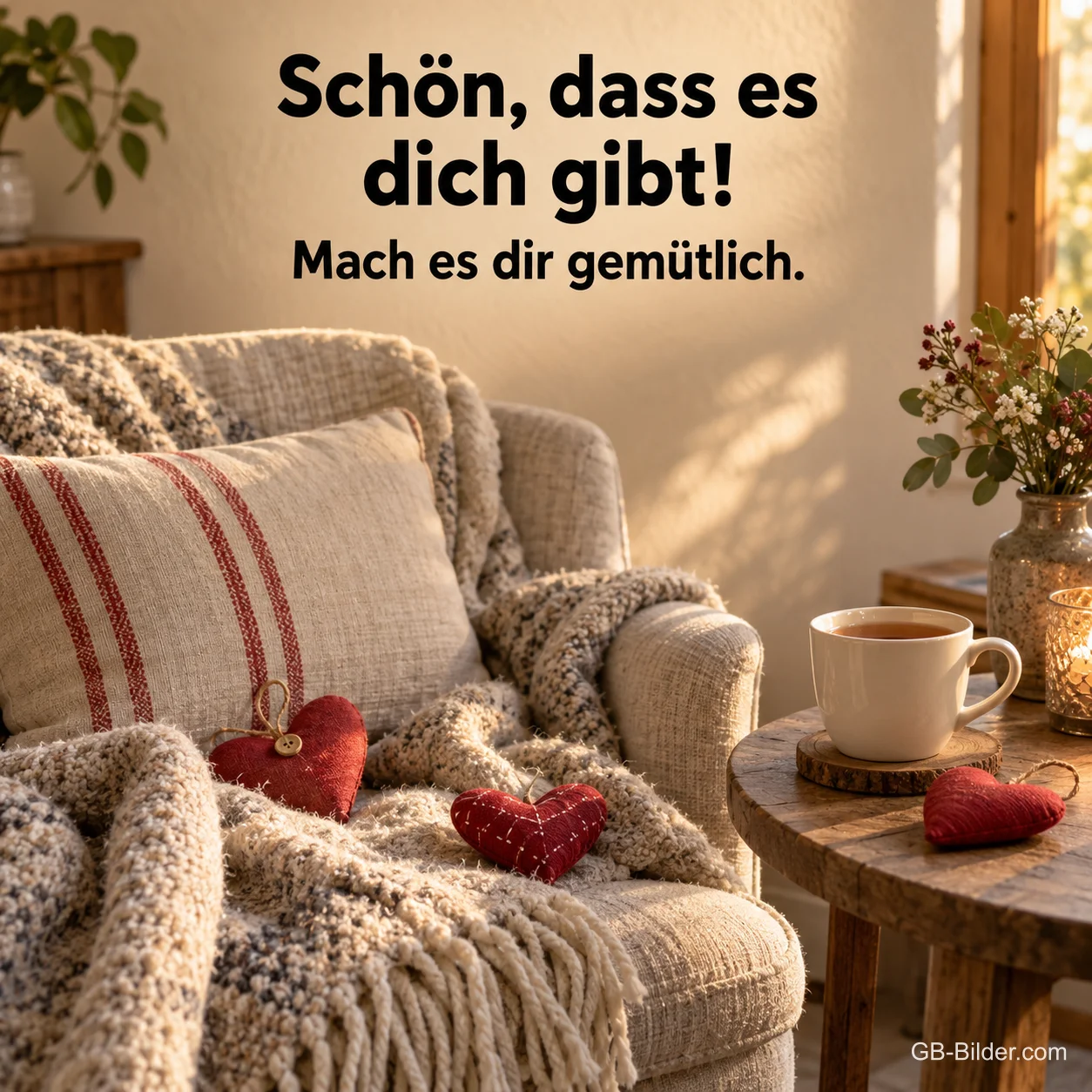 Gemütlicher Sessel mit Stoffherzen, Text: Schön, dass es dich gibt!