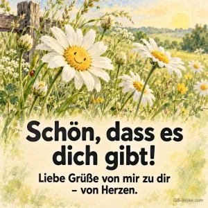 Margeriten auf der Wiese, Text: Schön, dass es dich gibt!