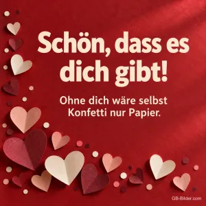 Papierherzen auf Rot, lustiger Text: Ohne dich wäre selbst Konfetti nur Papier.