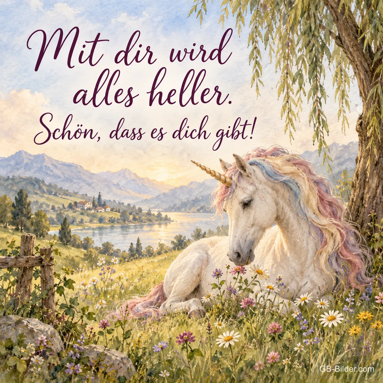 Einhorn in einer Blumenwiese, Text: Mit dir wird alles heller.