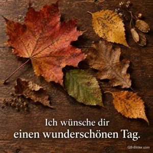 Bunte Herbstblätter auf Holz, Text: Ich wünsche dir einen wunderschönen Tag.