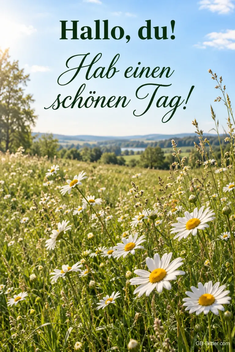 Margeriten auf einer Sommerwiese, Text: Hallo, du! Hab einen schönen Tag!