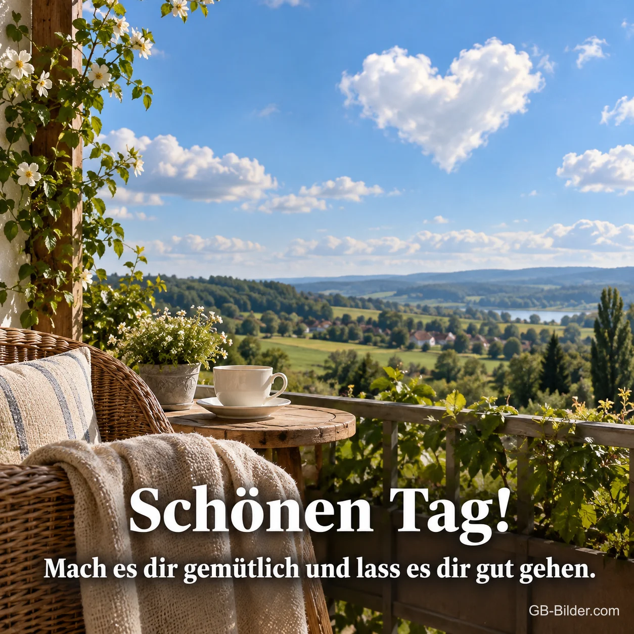 Korbsessel auf einem Balkon mit Herzwolke am Himmel, Text: Schönen Tag! Mach es dir gemütlich. Korbsessel auf einem Balkon mit Herzwolke am Himmel, Text: Schönen Tag! Mach es dir gemütlich.