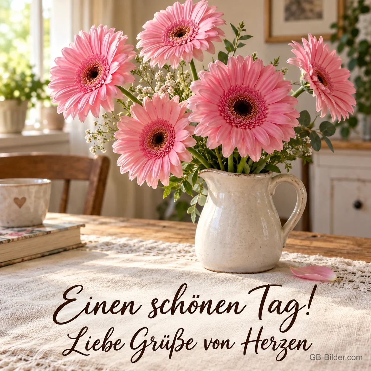 Rosa Gerbera im Krug, Text: Einen schönen Tag! Liebe Grüße von Herzen Rosa Gerbera im Krug, Text: Einen schönen Tag! Liebe Grüße von Herzen