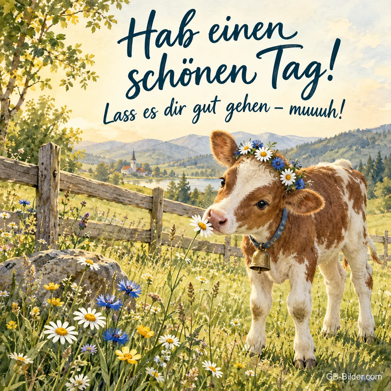 Kälbchen mit Blumenkranz auf einer Bergwiese, Text: Hab einen schönen Tag! Lass es dir gut gehen – muuuh! Kälbchen mit Blumenkranz auf einer Bergwiese, Text: Hab einen schönen Tag! Lass es dir gut gehen – muuuh!