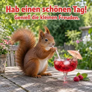 Eichhörnchen mit Beerencocktail im Garten, Text: Hab einen schönen Tag! Genieß die kleinen Freuden.