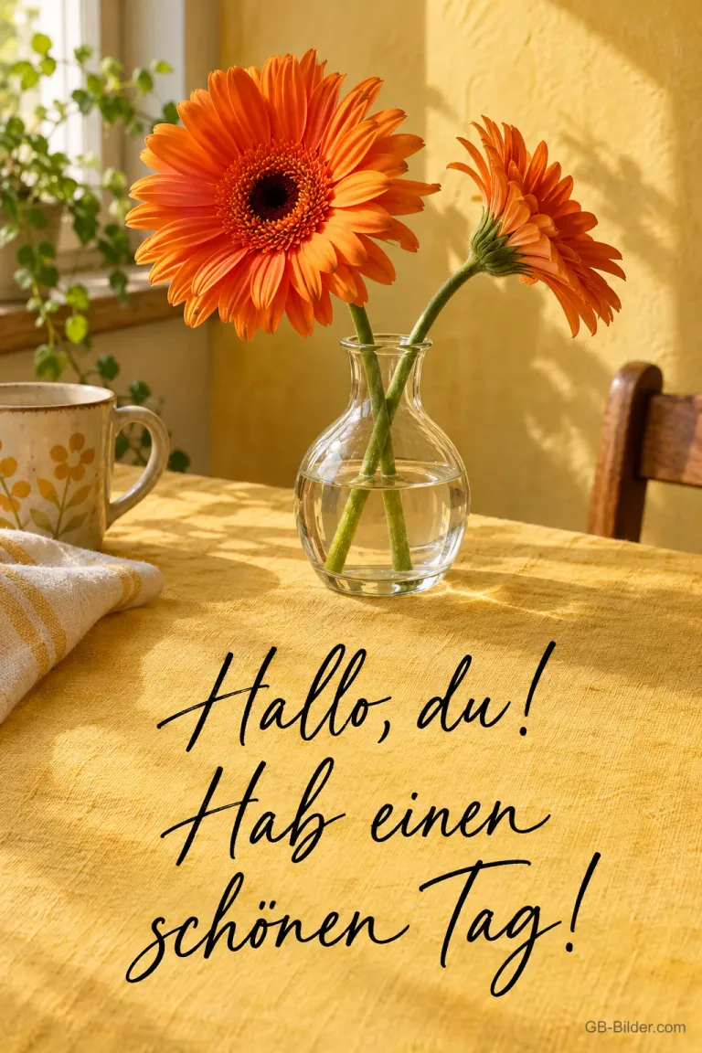 Orange Gerbera in einer Glasvase, Text: Hallo, du! Hab einen schönen Tag!