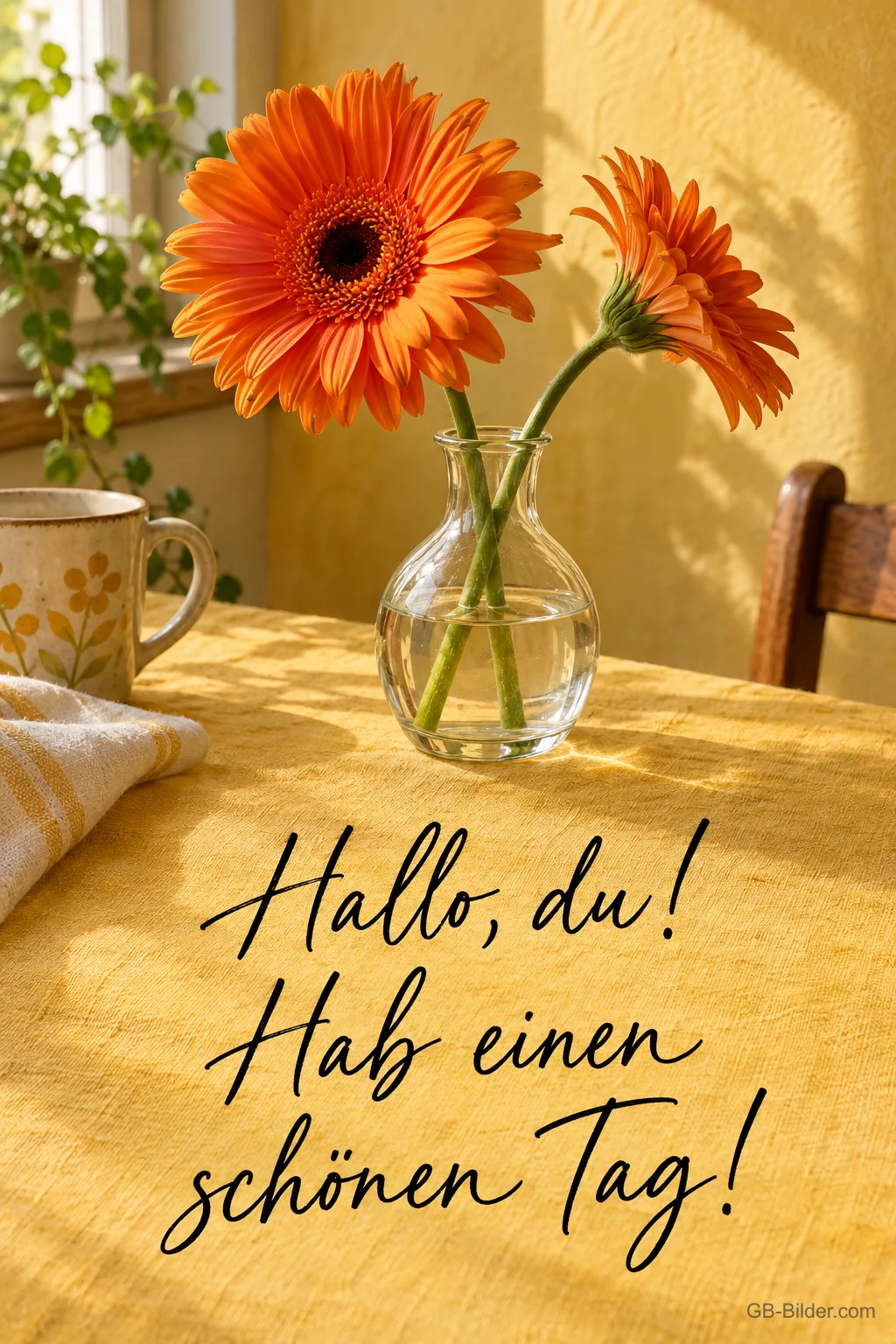 Orange Gerbera in einer Glasvase, Text: Hallo, du! Hab einen schönen Tag! Orange Gerbera in einer Glasvase, Text: Hallo, du! Hab einen schönen Tag!