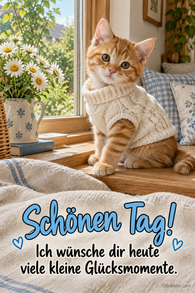 Kätzchen im Strickpullover am Fenster, Text: Schönen Tag! Viele kleine Glücksmomente.