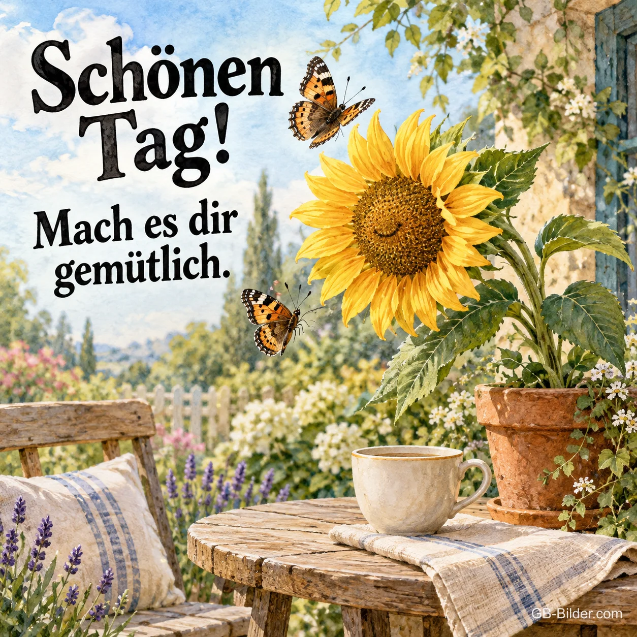 Sonnenblume und Gartentisch mit Kaffee, Text: Schönen Tag! Mach es dir gemütlich. Sonnenblume und Gartentisch mit Kaffee, Text: Schönen Tag! Mach es dir gemütlich.