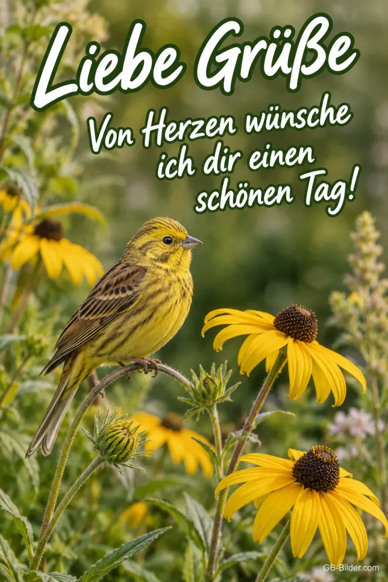 Goldammer zwischen gelben Blüten, Text: Liebe Grüße – Von Herzen wünsche ich dir einen schönen Tag!