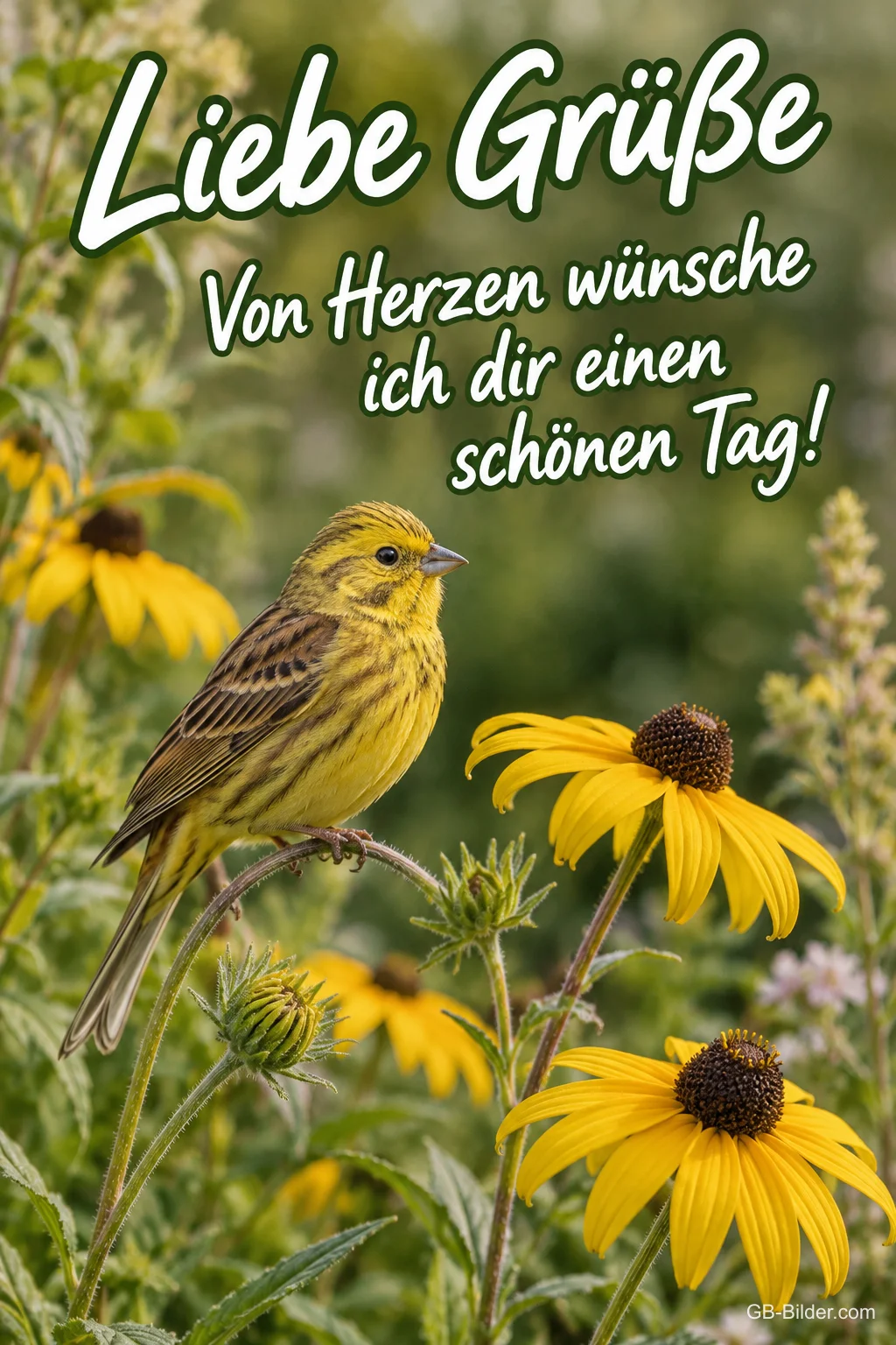 Goldammer zwischen gelben Blüten, Text: Liebe Grüße – Von Herzen wünsche ich dir einen schönen Tag! Goldammer zwischen gelben Blüten, Text: Liebe Grüße – Von Herzen wünsche ich dir einen schönen Tag!