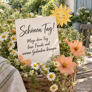 Karte in einem Blumenkorb, Text: Schönen Tag! Möge dein Tag leise Freude bringen.