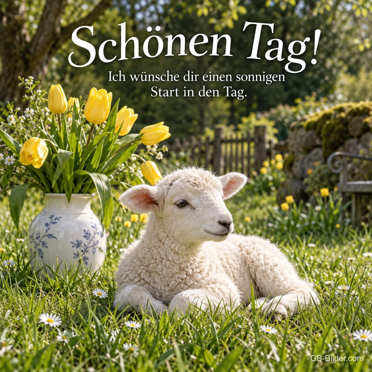 Lamm neben gelben Tulpen im Garten, Text: Schönen Tag! Ich wünsche dir einen sonnigen Start in den Tag. Lamm neben gelben Tulpen im Garten, Text: Schönen Tag! Ich wünsche dir einen sonnigen Start in den Tag.