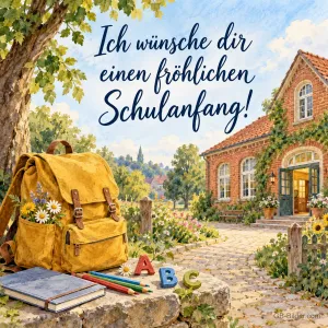 Schulranzen vor einem Backstein-Schulhaus, Text: Ich wünsche dir einen fröhlichen Schulanfang!