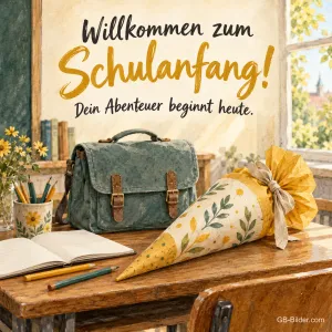Schultüte und Ranzen auf einer Schulbank, Text: Willkommen zum Schulanfang! Dein Abenteuer beginnt heute.