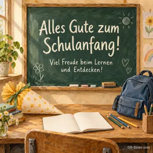 Schultüte und Ranzen vor einer Kreidetafel, Text: Alles Gute zum Schulanfang! Viel Freude beim Lernen und Entdecken!