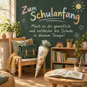 Leseecke mit Ranzen und Schultüte, Text: Zum Schulanfang – Entdecke die Schule in deinem Tempo!