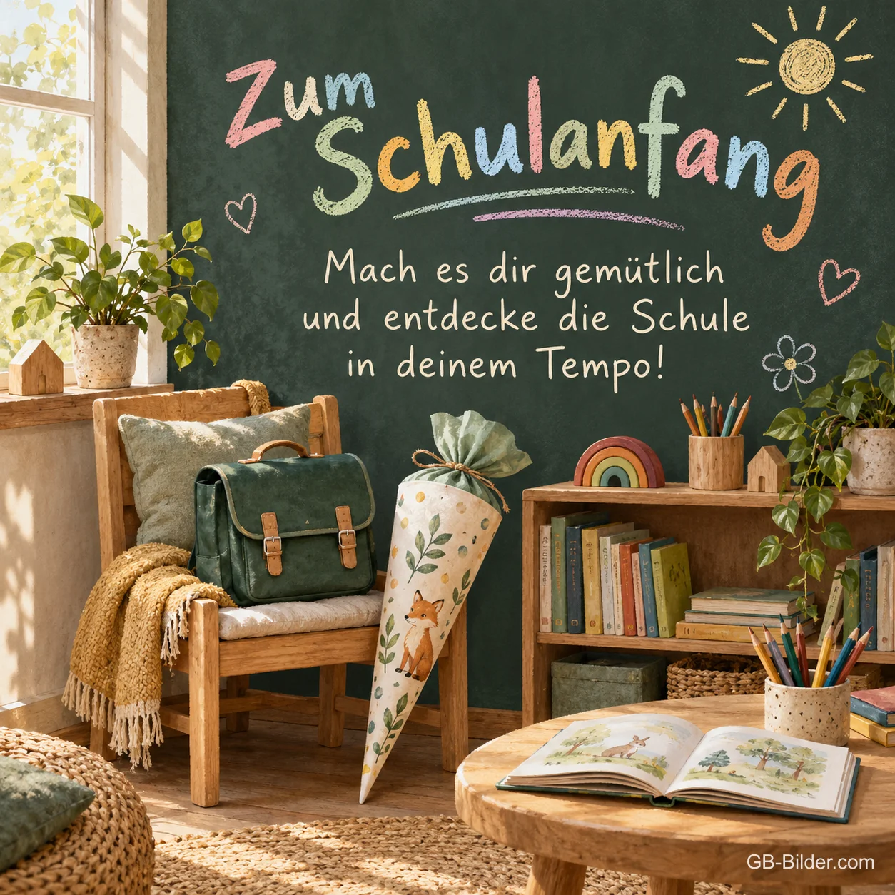 Leseecke mit Ranzen und Schultüte, Text: Zum Schulanfang – Entdecke die Schule in deinem Tempo! Leseecke mit Ranzen und Schultüte, Text: Zum Schulanfang – Entdecke die Schule in deinem Tempo!