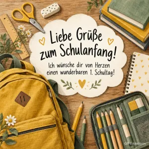 Gelber Rucksack und Federmäppchen auf Holz, Text: Liebe Grüße zum Schulanfang! Einen wunderbaren 1. Schultag!