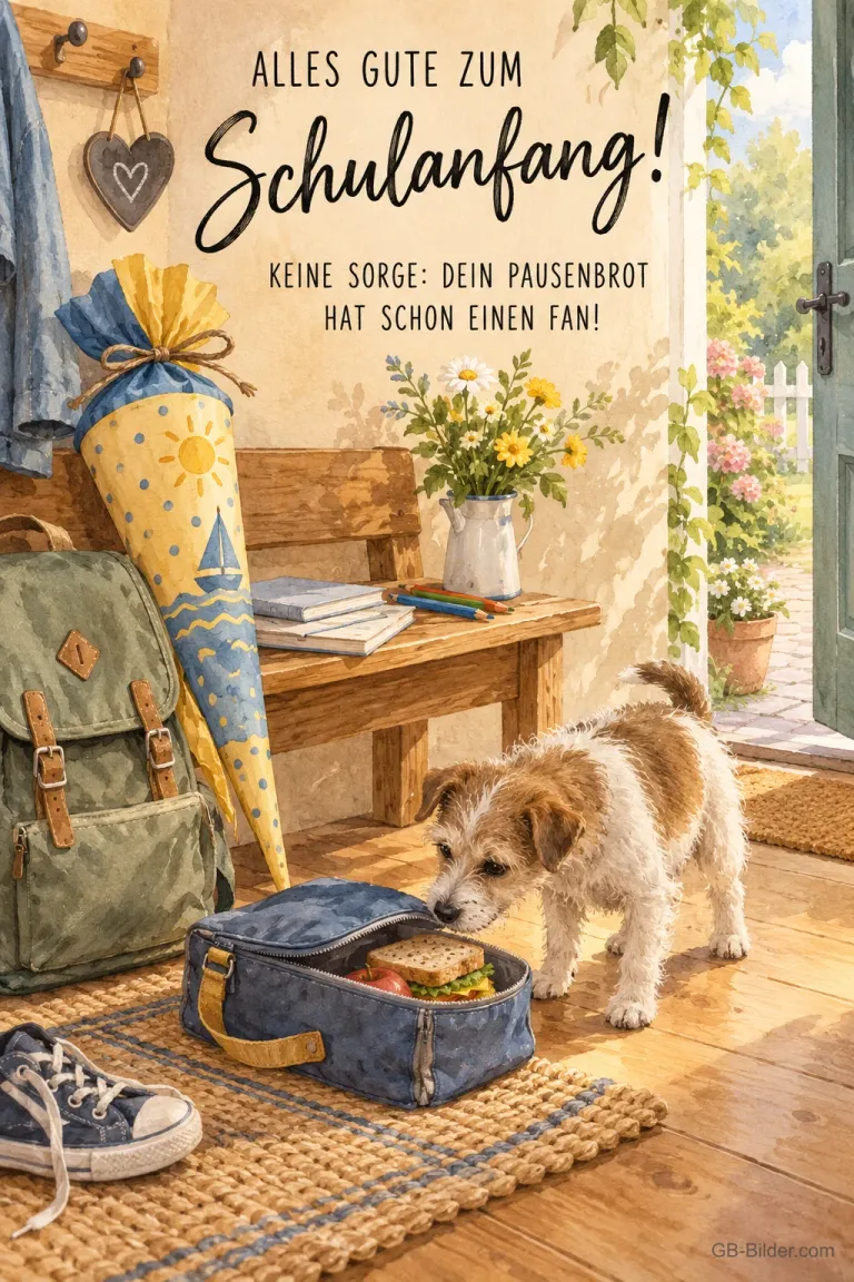 Hund schnüffelt an einer Brotdose, Text: Alles Gute zum Schulanfang! Dein Pausenbrot hat schon einen Fan!