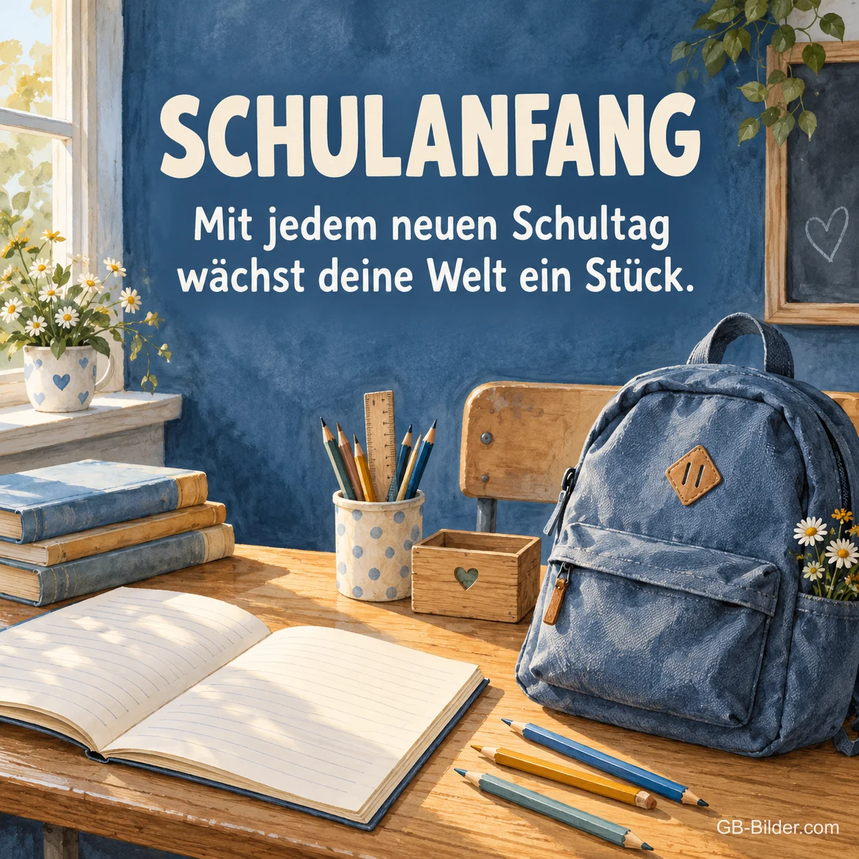 Rucksack und Bücher auf einer Schulbank, Text: Schulanfang – Mit jedem neuen Schultag wächst deine Welt ein Stück. Rucksack und Bücher auf einer Schulbank, Text: Schulanfang – Mit jedem neuen Schultag wächst deine Welt ein Stück.