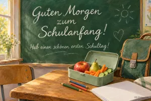 Brotdose mit Obst auf der Schulbank, Text: Guten Morgen zum Schulanfang! Hab einen schönen ersten Schultag!