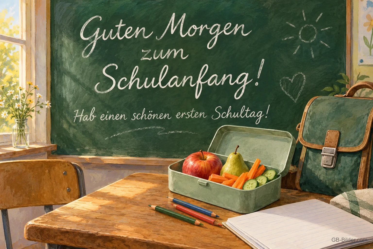 Brotdose mit Obst auf der Schulbank, Text: Guten Morgen zum Schulanfang! Hab einen schönen ersten Schultag! Brotdose mit Obst auf der Schulbank, Text: Guten Morgen zum Schulanfang! Hab einen schönen ersten Schultag!