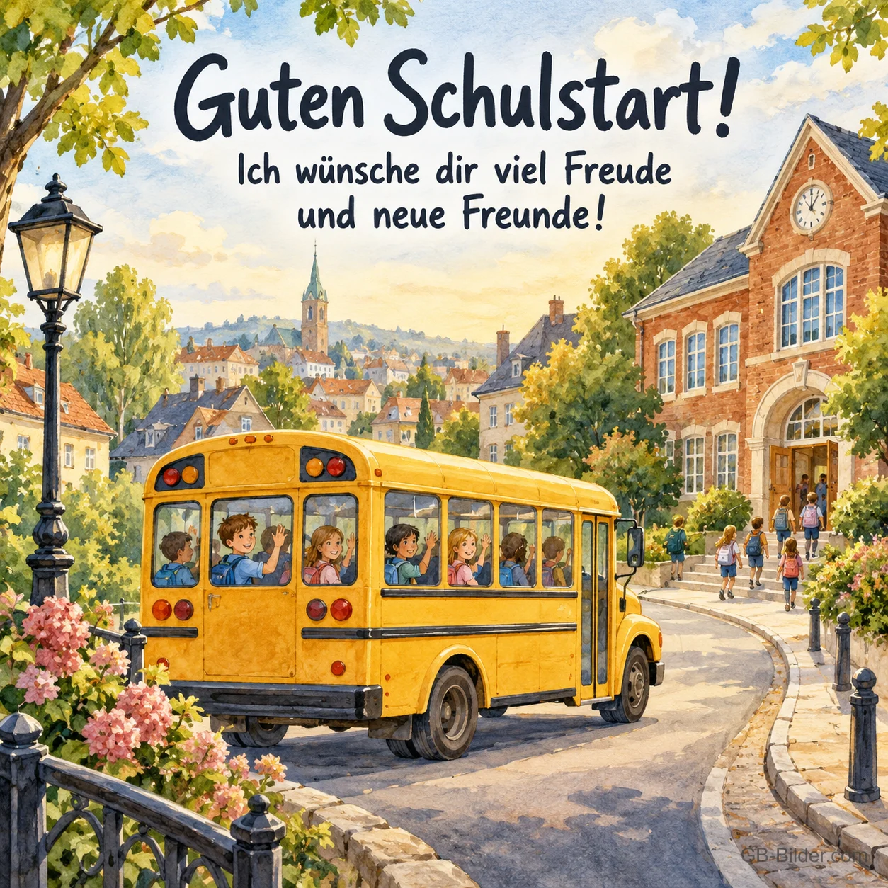 Schulbus in einer Altstadt, Text: Guten Schulstart! Viel Freude und neue Freunde! Schulbus in einer Altstadt, Text: Guten Schulstart! Viel Freude und neue Freunde!