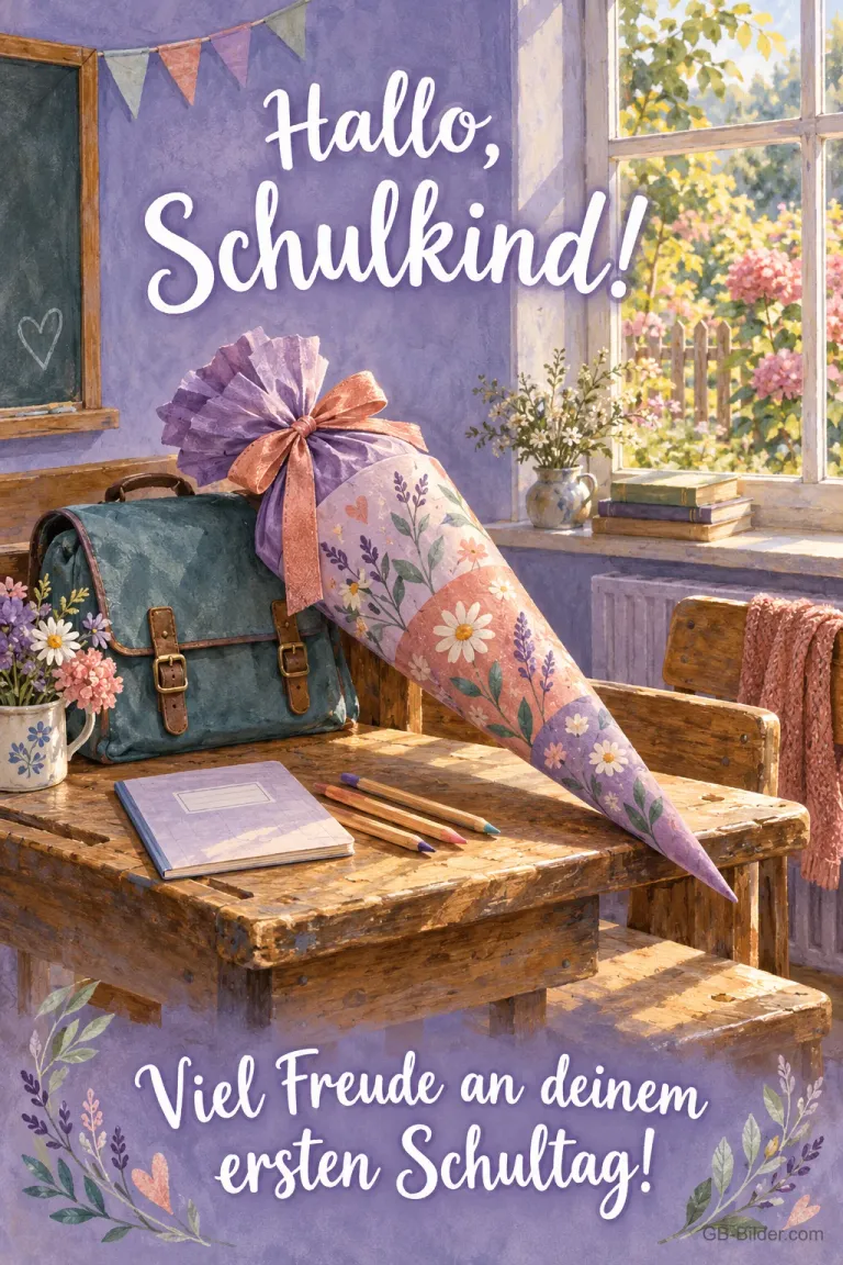 Lila Schultüte und Ranzen auf der Schulbank, Text: Hallo, Schulkind! Viel Freude an deinem ersten Schultag!