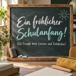 Kreidetafel auf einem Schulpult, Text: Ein fröhlicher Schulanfang! Viel Freude beim Lernen und Entdecken!