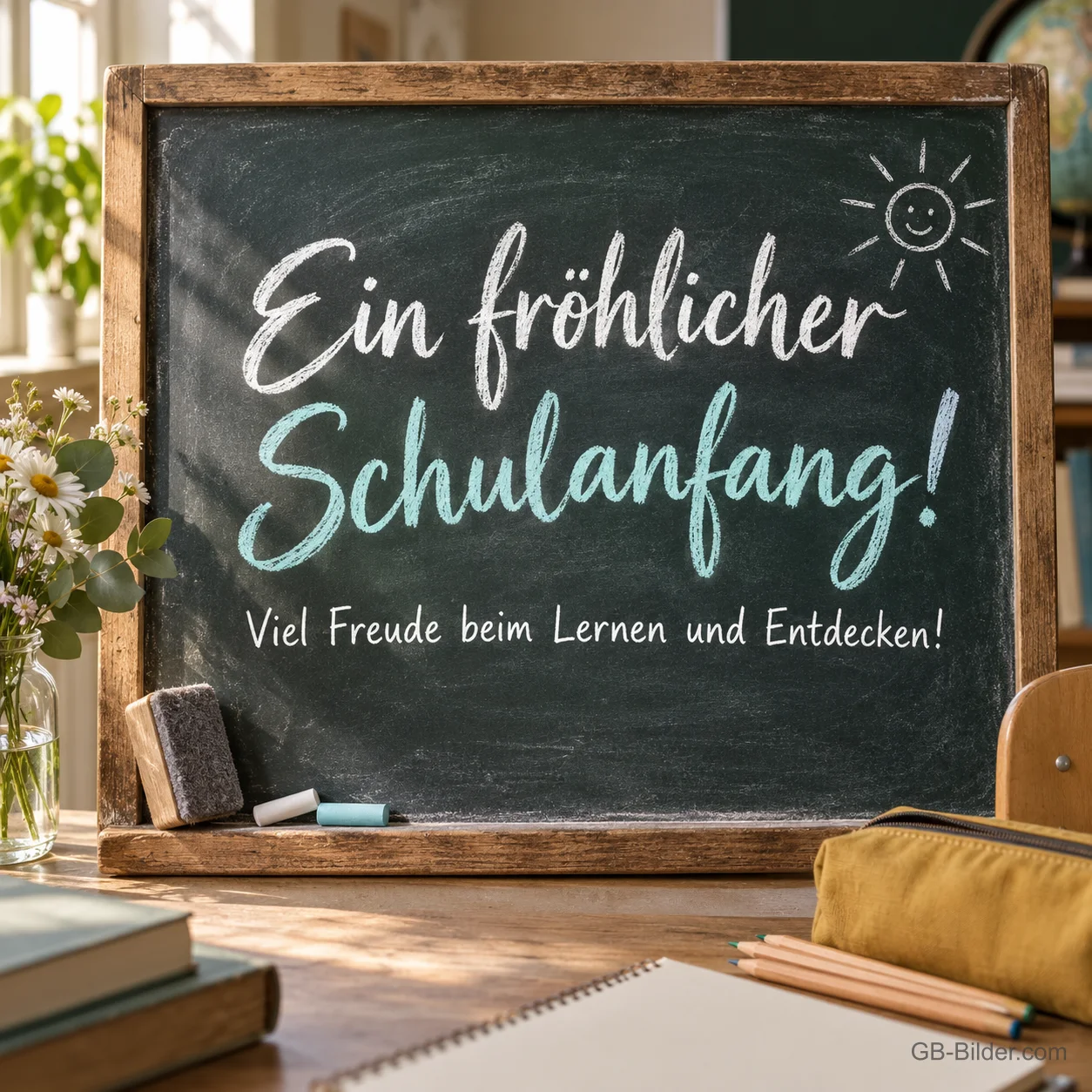 Kreidetafel auf einem Schulpult, Text: Ein fröhlicher Schulanfang! Viel Freude beim Lernen und Entdecken! Kreidetafel auf einem Schulpult, Text: Ein fröhlicher Schulanfang! Viel Freude beim Lernen und Entdecken!