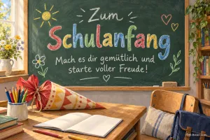 Bunte Schultüte auf der Schulbank, Text: Zum Schulanfang – Starte voller Freude!