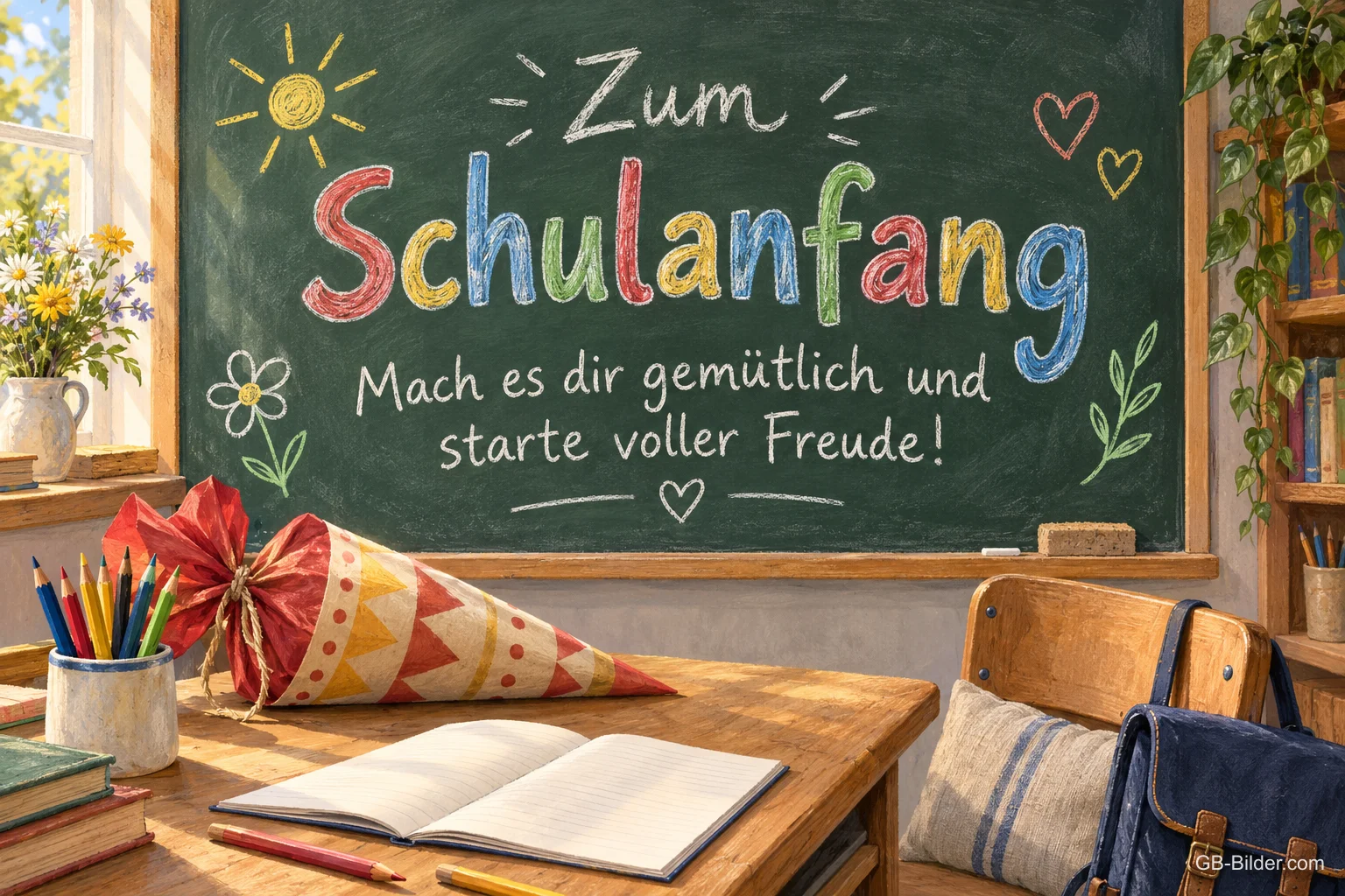 Bunte Schultüte auf der Schulbank, Text: Zum Schulanfang – Starte voller Freude! Bunte Schultüte auf der Schulbank, Text: Zum Schulanfang – Starte voller Freude!