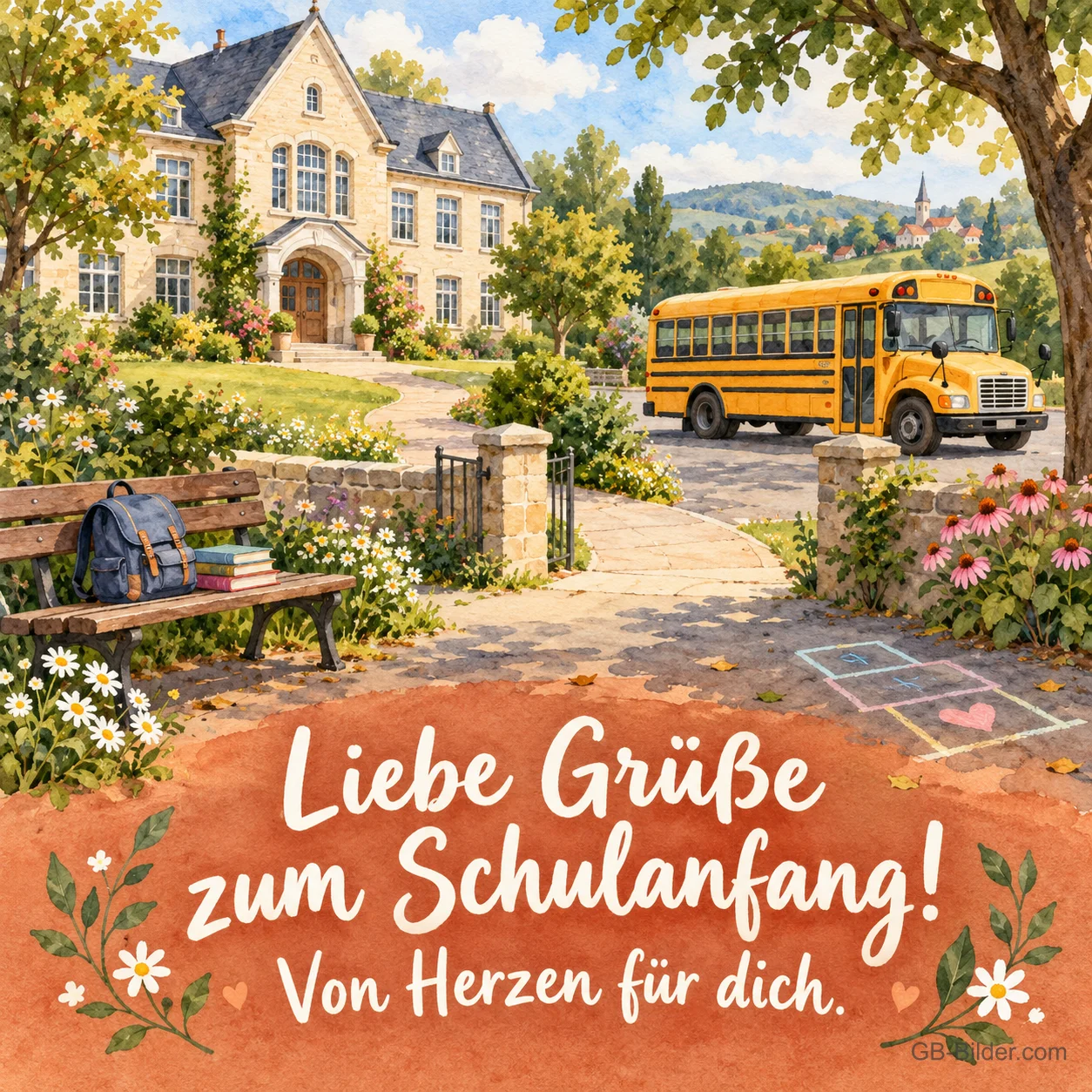 Ranzen auf einer Bank vor dem Schulhaus, Text: Liebe Grüße zum Schulanfang! Von Herzen für dich. Ranzen auf einer Bank vor dem Schulhaus, Text: Liebe Grüße zum Schulanfang! Von Herzen für dich.
