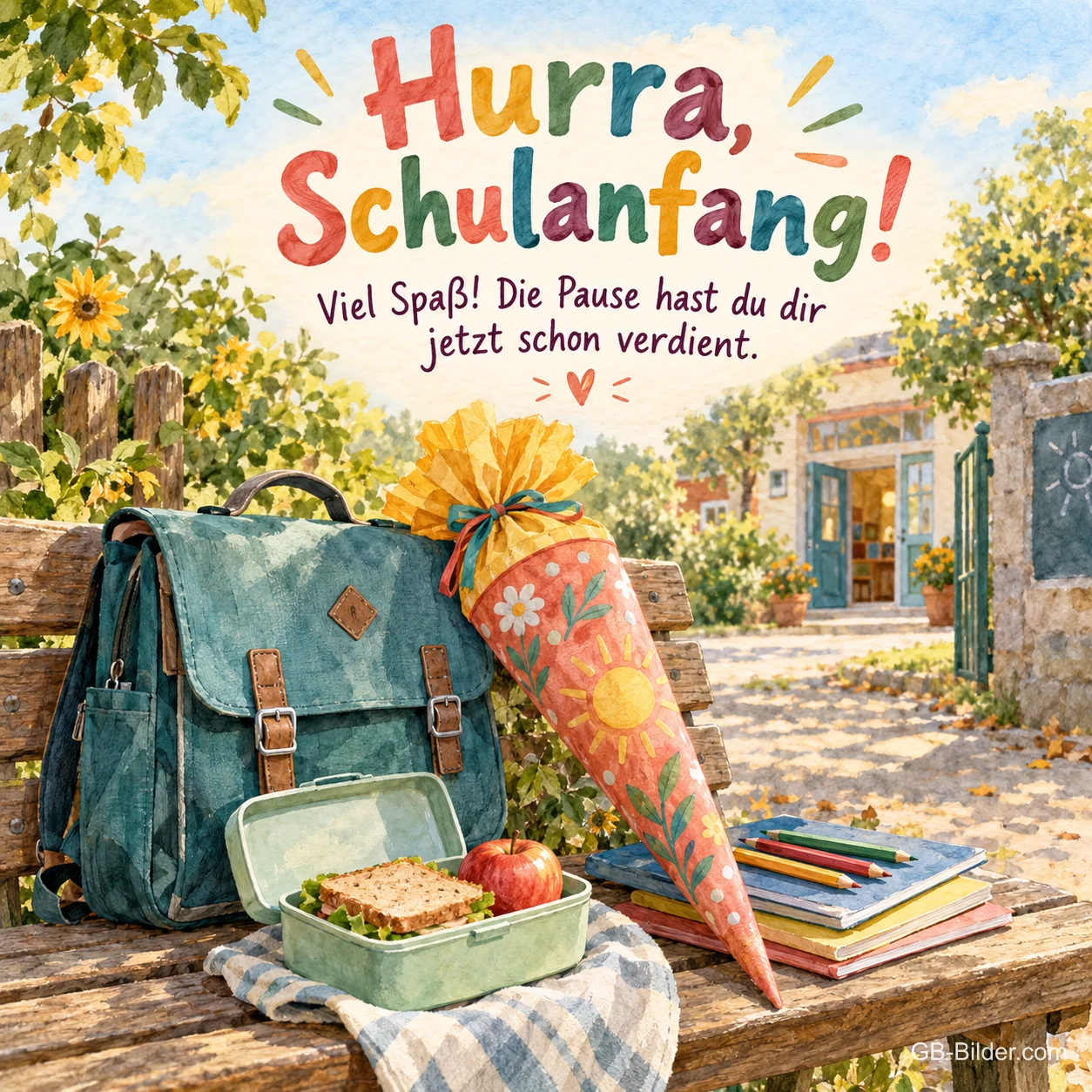 Ranzen, Brotdose und Schultüte auf einer Bank, Text: Hurra, Schulanfang! Die Pause hast du dir jetzt schon verdient. Ranzen, Brotdose und Schultüte auf einer Bank, Text: Hurra, Schulanfang! Die Pause hast du dir jetzt schon verdient.