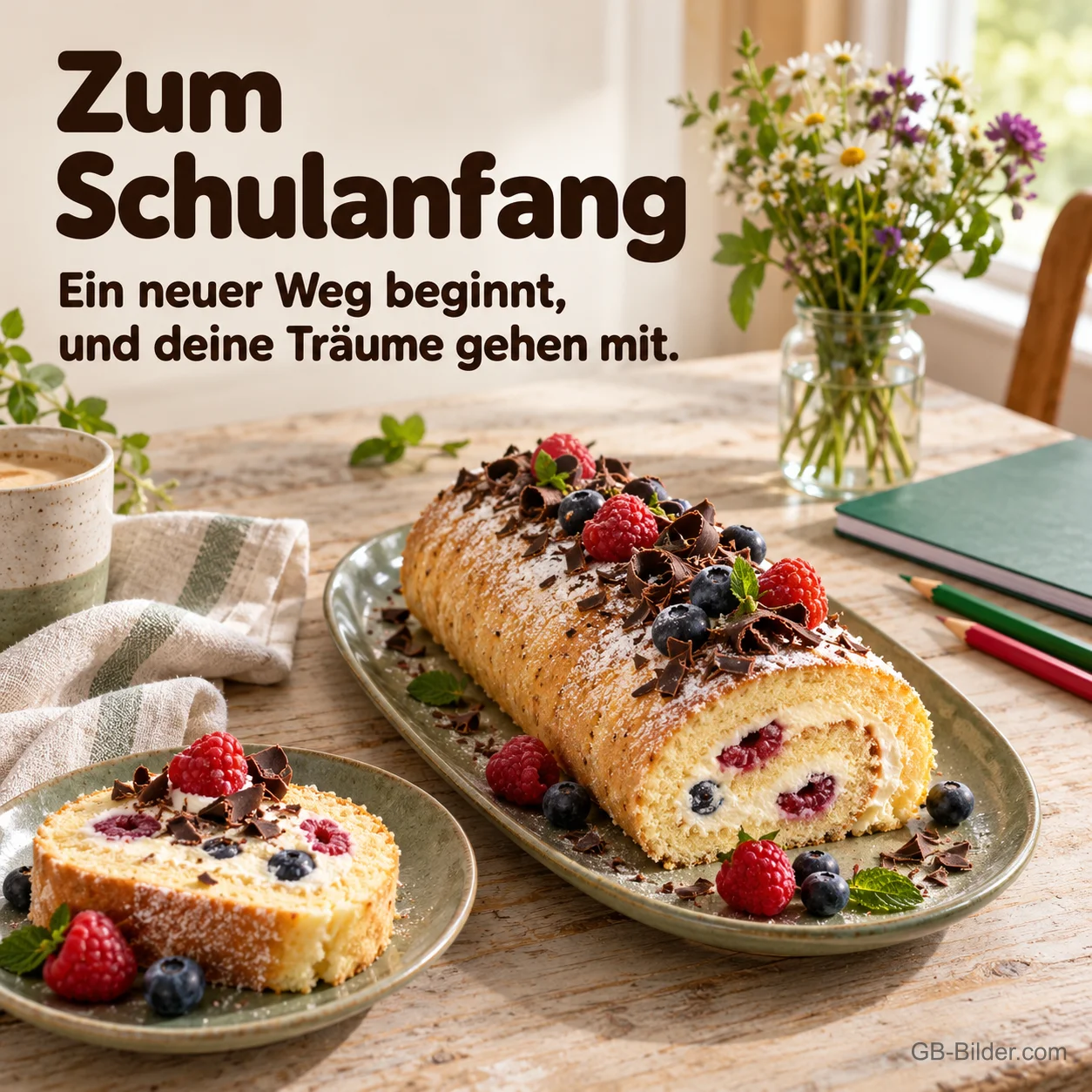 Biskuitrolle mit Beeren neben Heften, Text: Zum Schulanfang – Ein neuer Weg beginnt, und deine Träume gehen mit. Biskuitrolle mit Beeren neben Heften, Text: Zum Schulanfang – Ein neuer Weg beginnt, und deine Träume gehen mit.