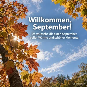 Herbstlaub vor blauem Himmel, Text: Willkommen, September!