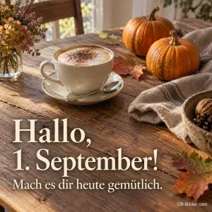 Cappuccino mit Kürbissen, Text: Hallo, 1. September!