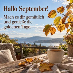 Tasse auf der Terrasse im Herbst, Text: Hallo September!