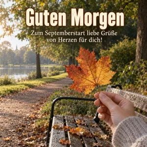 Hand mit Ahornblatt im Park, Text: Guten Morgen – Zum Septemberstart liebe Grüße