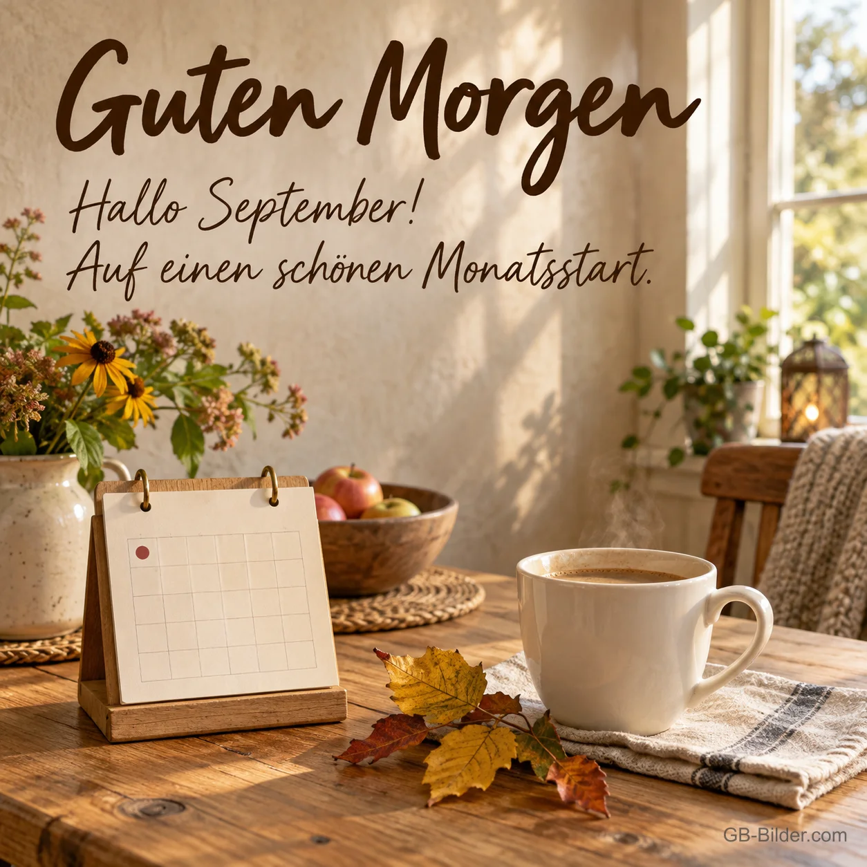 Tischkalender mit Kaffee und Herbstblumen, Text: Guten Morgen – Hallo September! Tischkalender mit Kaffee und Herbstblumen, Text: Guten Morgen – Hallo September!