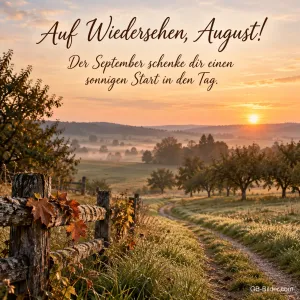 Feldweg am Holzzaun im Sonnenaufgang, Text: Auf Wiedersehen, August!