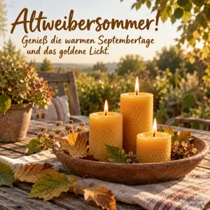 Bienenwachskerzen auf dem Gartentisch, Text: Altweibersommer!