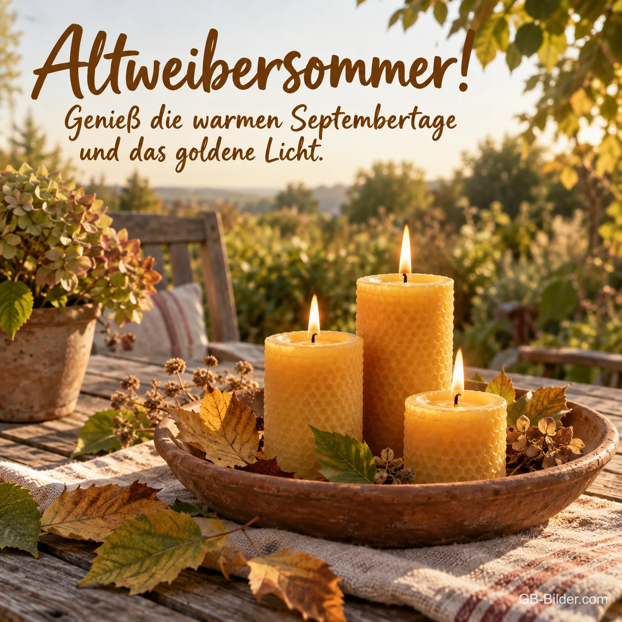 Bienenwachskerzen auf dem Gartentisch, Text: Altweibersommer! Bienenwachskerzen auf dem Gartentisch, Text: Altweibersommer!