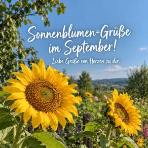 Sonnenblumen im Garten, Text: Sonnenblumen-Grüße im September!