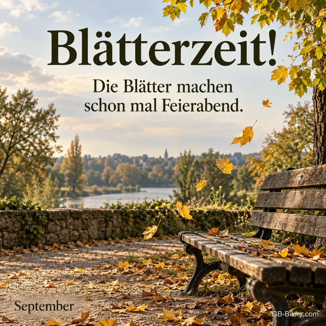 Herbstlaub auf einem Parkweg, lustiger Text: Blätterzeit! Die Blätter machen schon mal Feierabend. Herbstlaub auf einem Parkweg, lustiger Text: Blätterzeit! Die Blätter machen schon mal Feierabend.