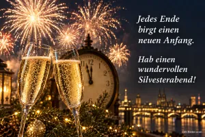 Zwei Sektgläser vor einer Uhr und Feuerwerk über einer Stadt, Text: Jedes Ende birgt einen neuen Anfang. – Hab einen wundervollen Silvesterabend!
