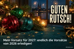 Weihnachtskugeln und Kerzen vor Feuerwerk über der Stadt, Text: GUTEN RUTSCH! – Mein Vorsatz für 2027: endlich die Vorsätze von 2026 erledigen!
